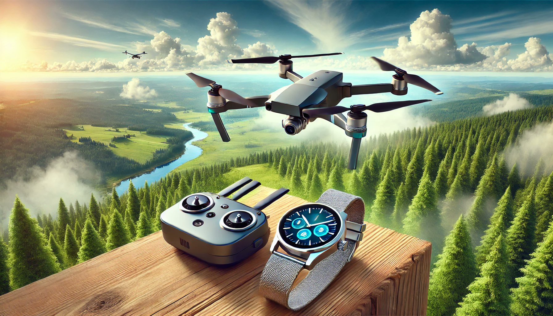 A drone in flight, with a controller and a watch